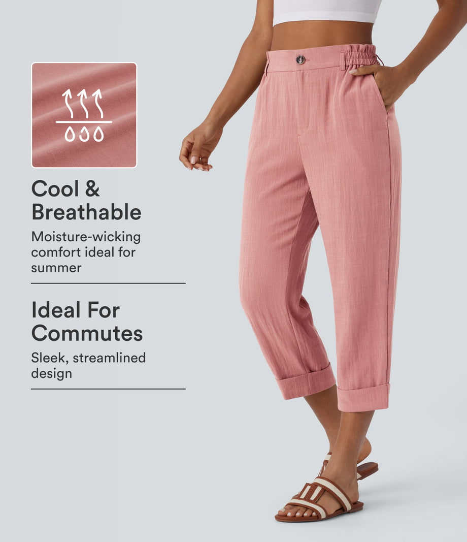 High Waisted Zipper Pocket Cropped Linen-Feel Pants - Rosette
