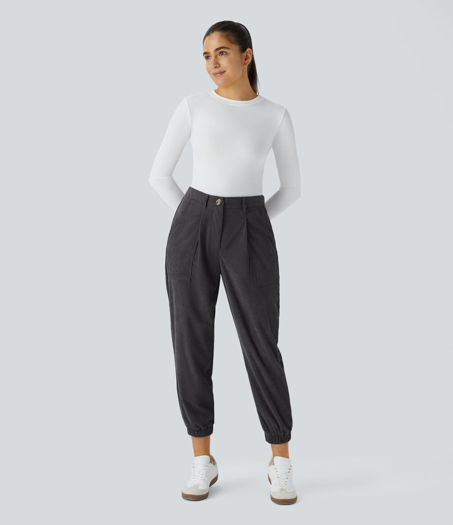 Mid Rise Zipper Pockets Corduroy Casual Joggers - Phantom