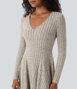 Ribbed Knit V Neck Long Sleeve Flare Mini Casual Dress with Pockets - Warm Grey Floral Velvet