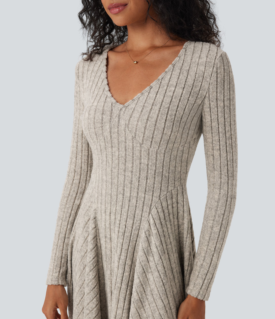 Ribbed Knit V Neck Long Sleeve Flare Mini Casual Dress with Pockets - Warm Grey Floral Velvet