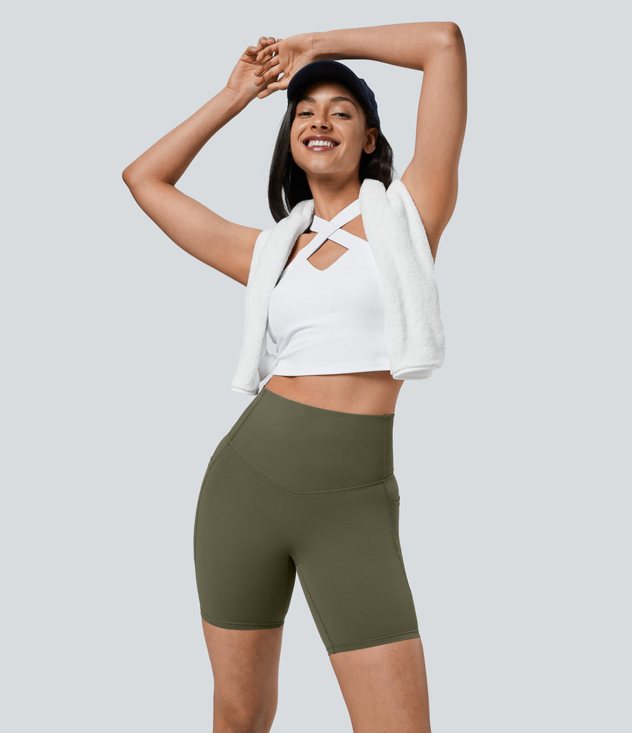 Halara UltraSculpt™ High Waisted Tummy Control Pocket Shaping Training Biker Shorts 7'' - Grass Grey Green