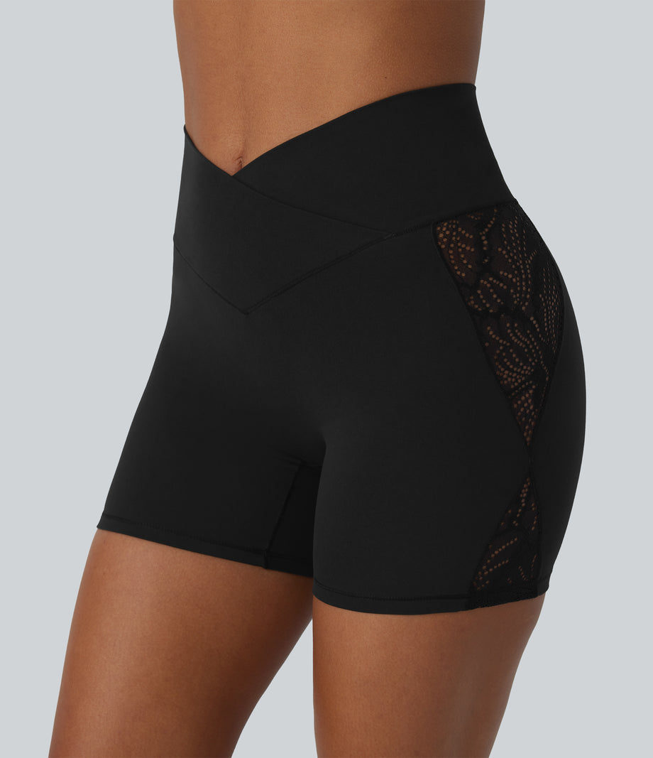 SoftlyZero™ High Waisted Crossover Contrast Lace Pocket Yoga Biker Shorts 5''-UPF50+ - Black