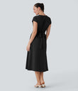 Breezeful™ V Neck Short Sleeve Pocket Tie Back Quick Dry Midi Casual Dress - Black