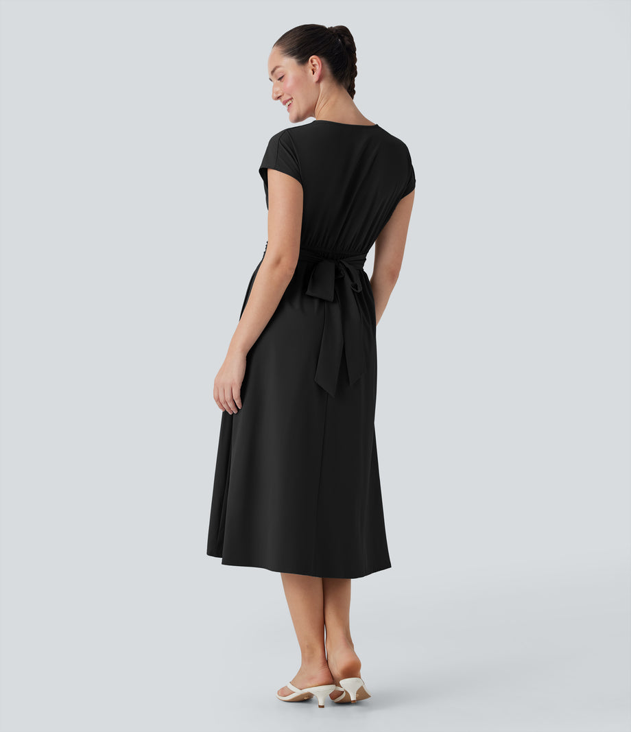 Breezeful™ V Neck Short Sleeve Pocket Tie Back Quick Dry Midi Casual Dress - Black
