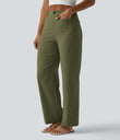 High Waisted Straight Leg Casual Linen-Feel Pants with Pockets - Moss Dune Green