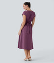 Breezeful™ V Neck Short Sleeve Pocket Tie Back Quick Dry Midi Casual Dress - Amaranth