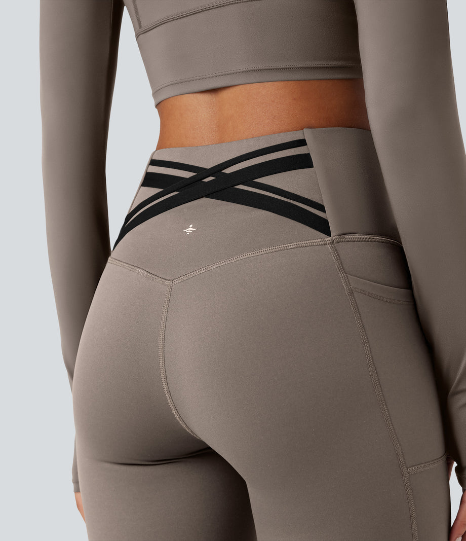 Halara Ultrasculpt™ Heat High Waisted Tummy Control Crossover Back Fleece Running Leggings with Pockets - Walnut