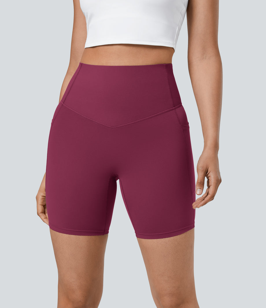 Halara UltraSculpt™ High Waisted Tummy Control Pocket Shaping Training Biker Shorts 7'' - Red Plum