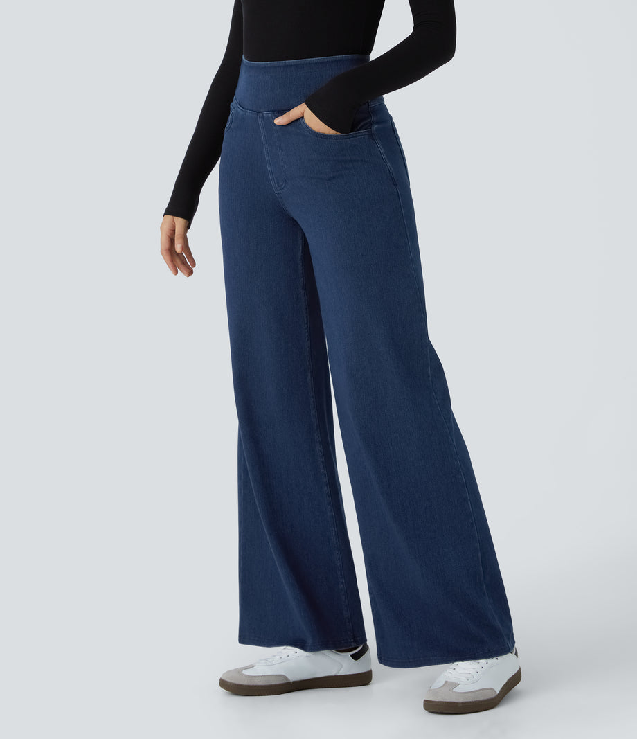 Halara Flex™ High Waisted Pockets Wide Leg Loose Work Jeans - Midnight Blue Denim
