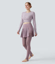 Breezeful™ High Waisted Pleated 2-in-1 Contrast Mesh Quick Dry Dance Stirrup Skirted Leggings with Pockets - Elderberry