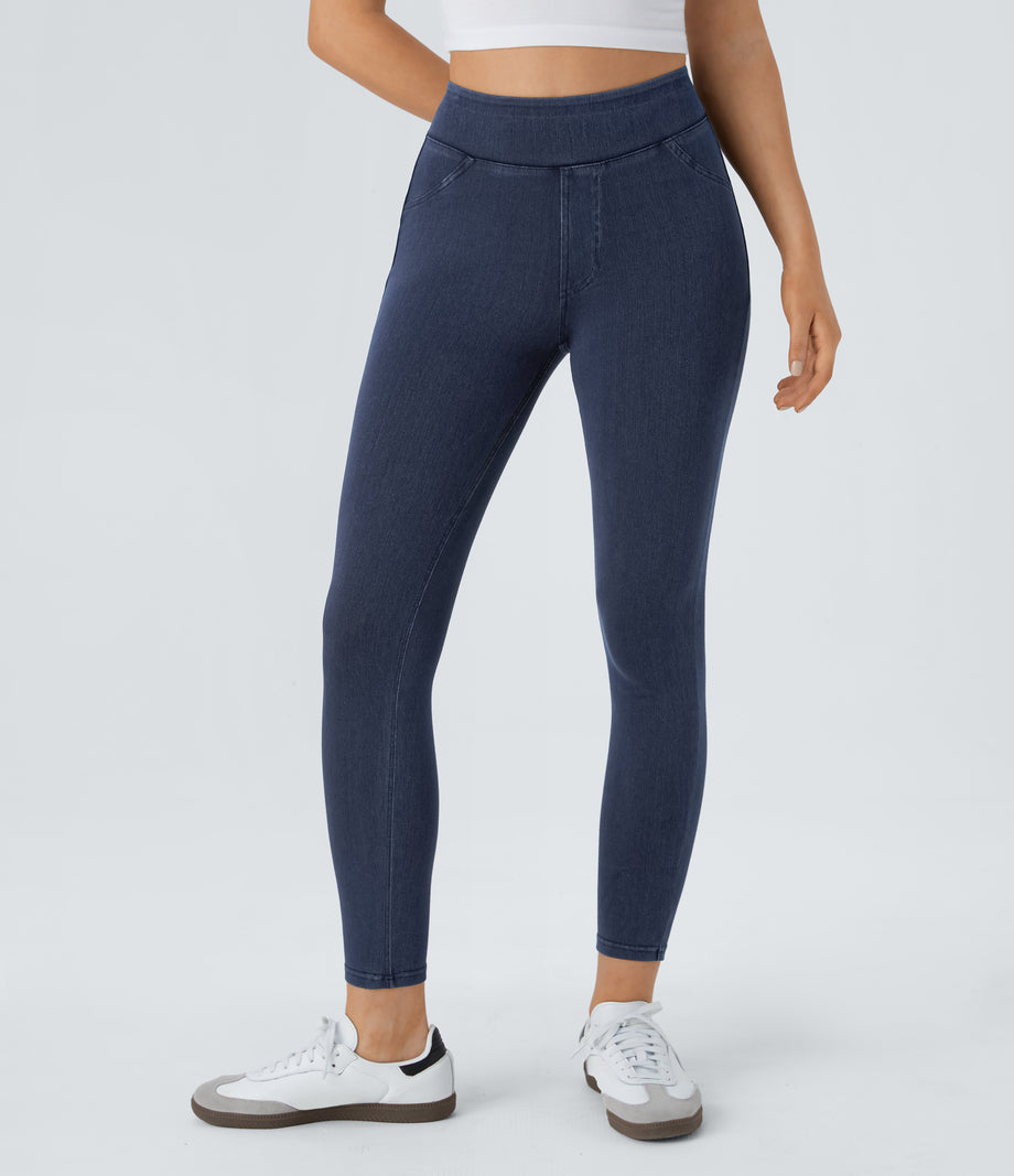 Halara Flex™ High Waisted Pocket Denim Casual Leggings - Washed Denim Navy Blue