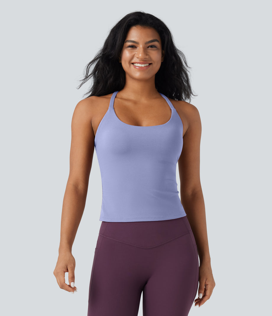 Scoop Neck Crisscross Back Crossover Hem Yoga Cami Top - Baby Lavender