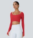 Ribbed Halter Strap Thumb Hole Cropped Yoga Sports Top - Tomato