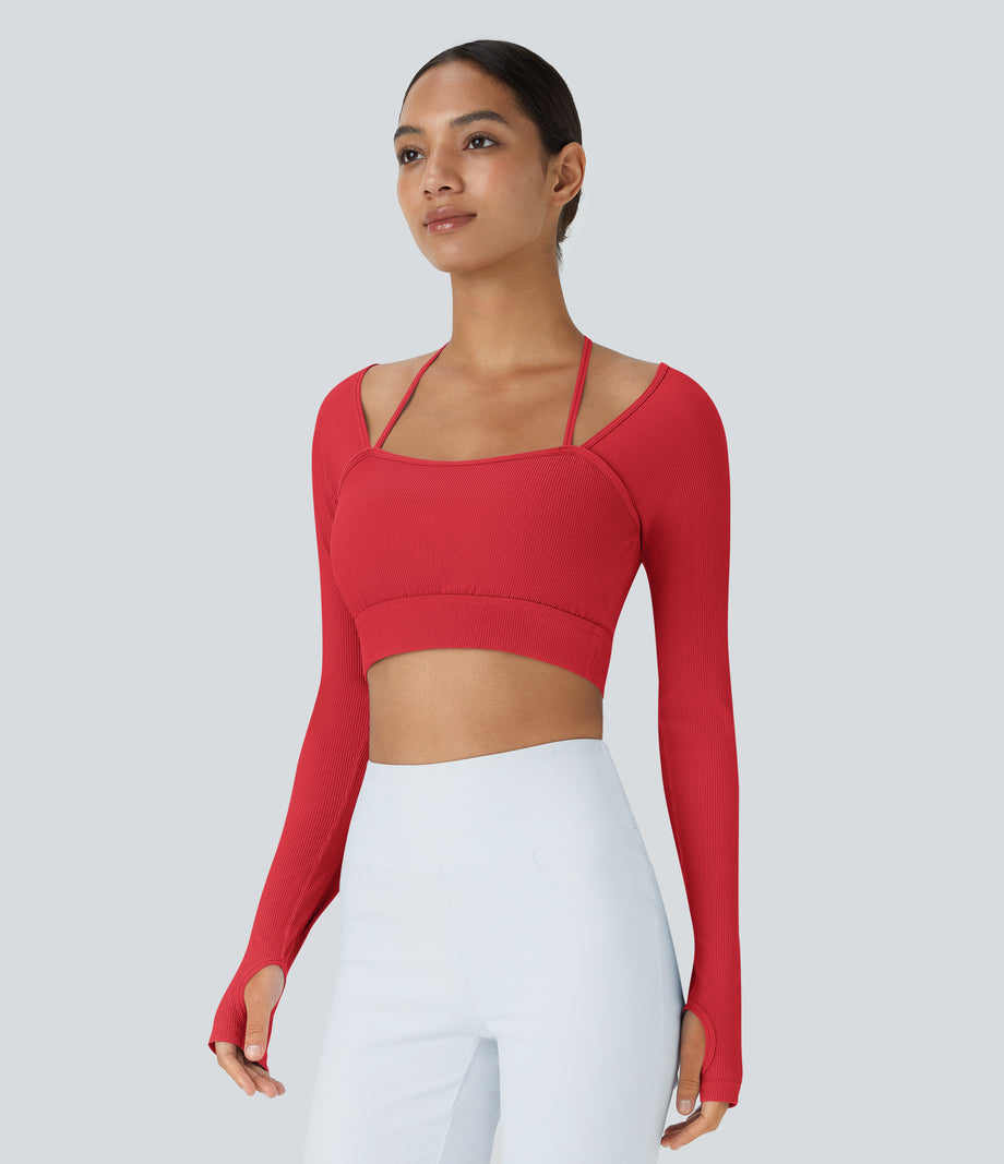 Ribbed Halter Strap Thumb Hole Cropped Yoga Sports Top - Tomato