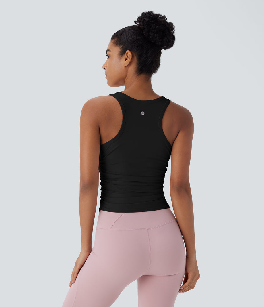 Round Neck Racerback Ruched Yoga Tank Top - Black