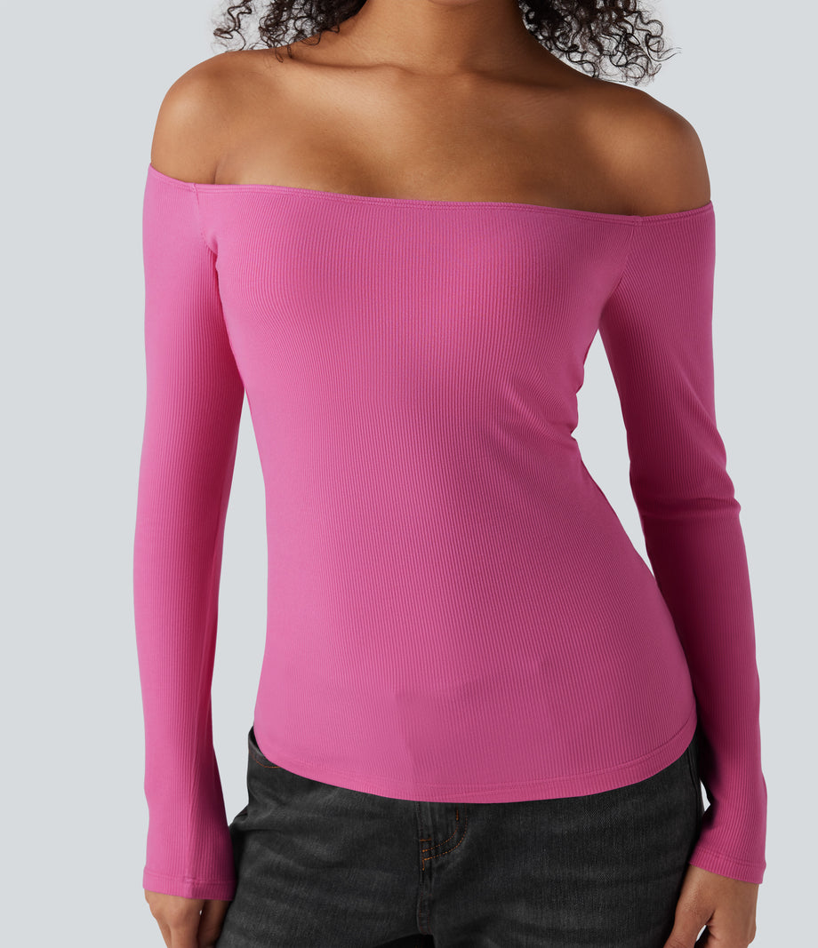 Ribbed Knit Off Shoulder Long Sleeve 2-in-1 Casual Top - Lilac Rose