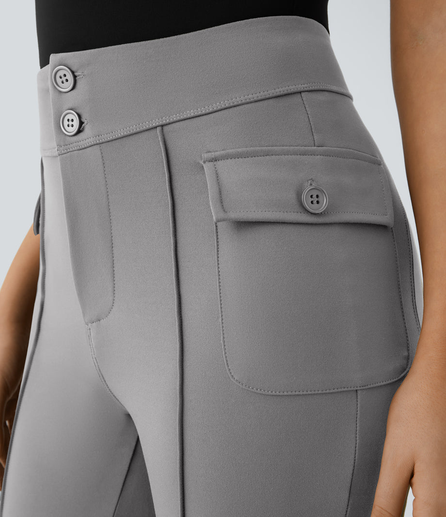 High Waisted Side Flap Pocket Flare Casual Cargo Pants - Silent Storm