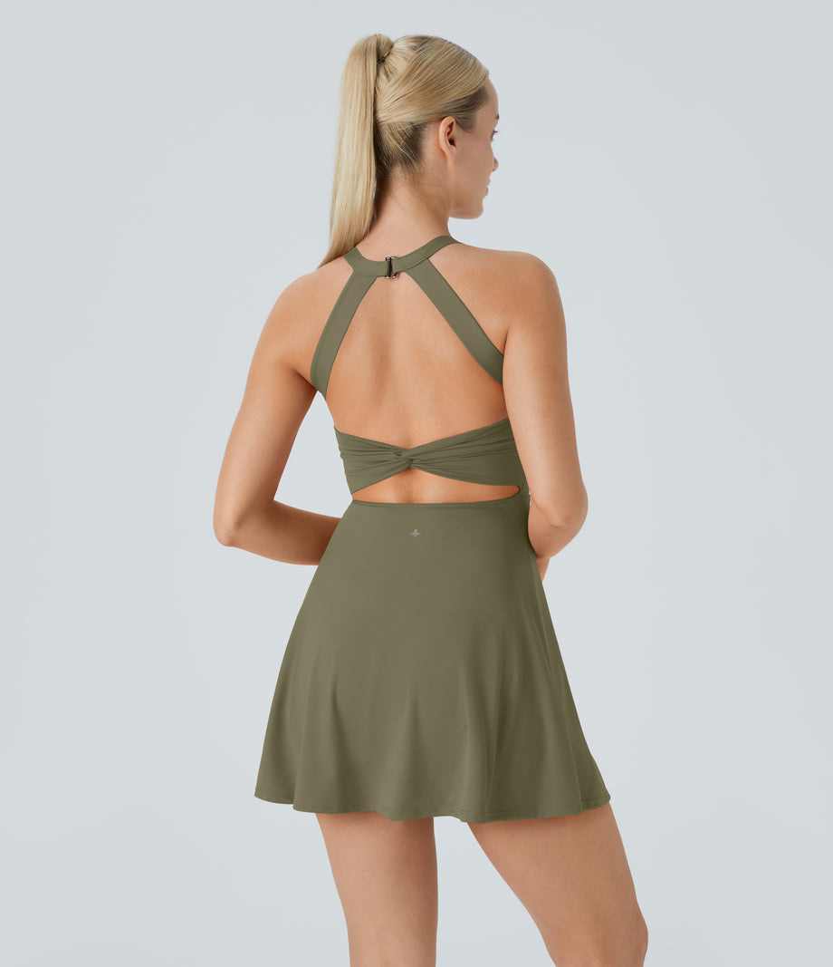 Backless Twisted Active Dress - Withered Green