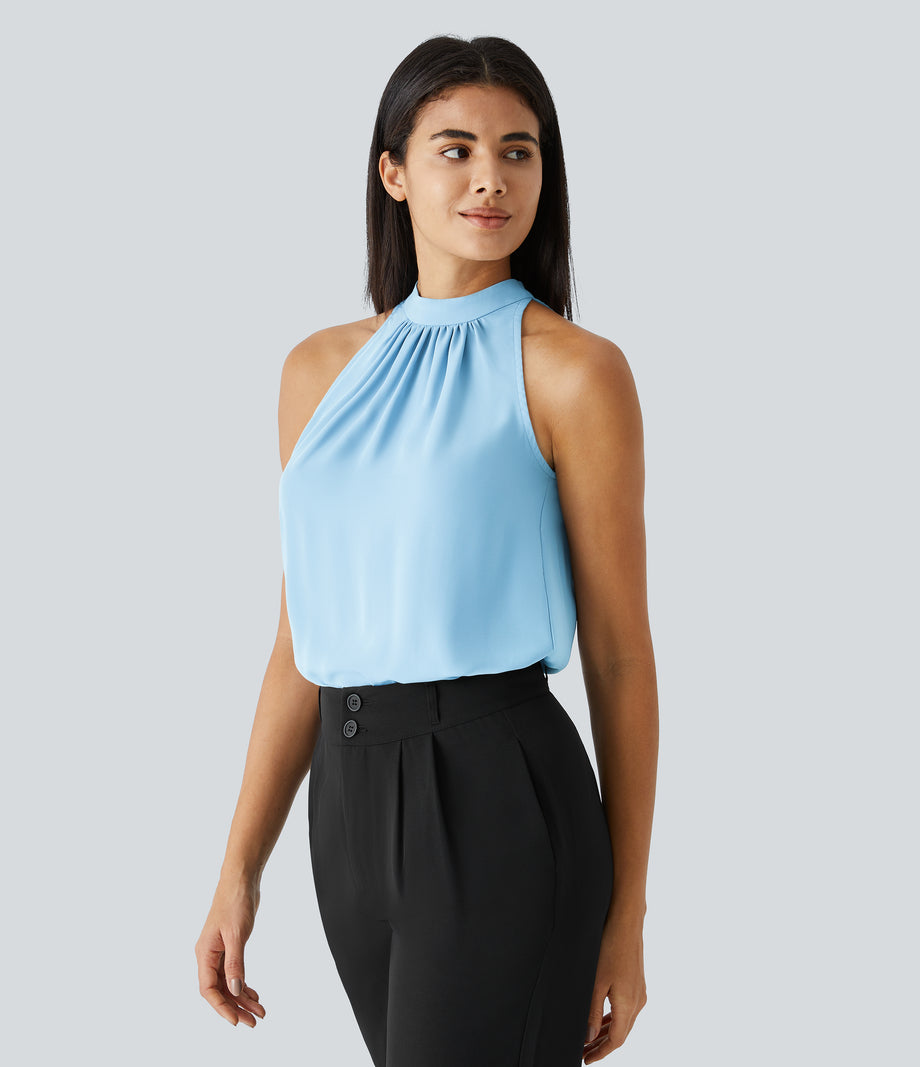 Keyhole Back Halter Sleeveless Curved Hem Work Blouse - Rippling Blue