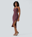 Ruched Lace Up Bodycon Midi Casual Dress - Fig