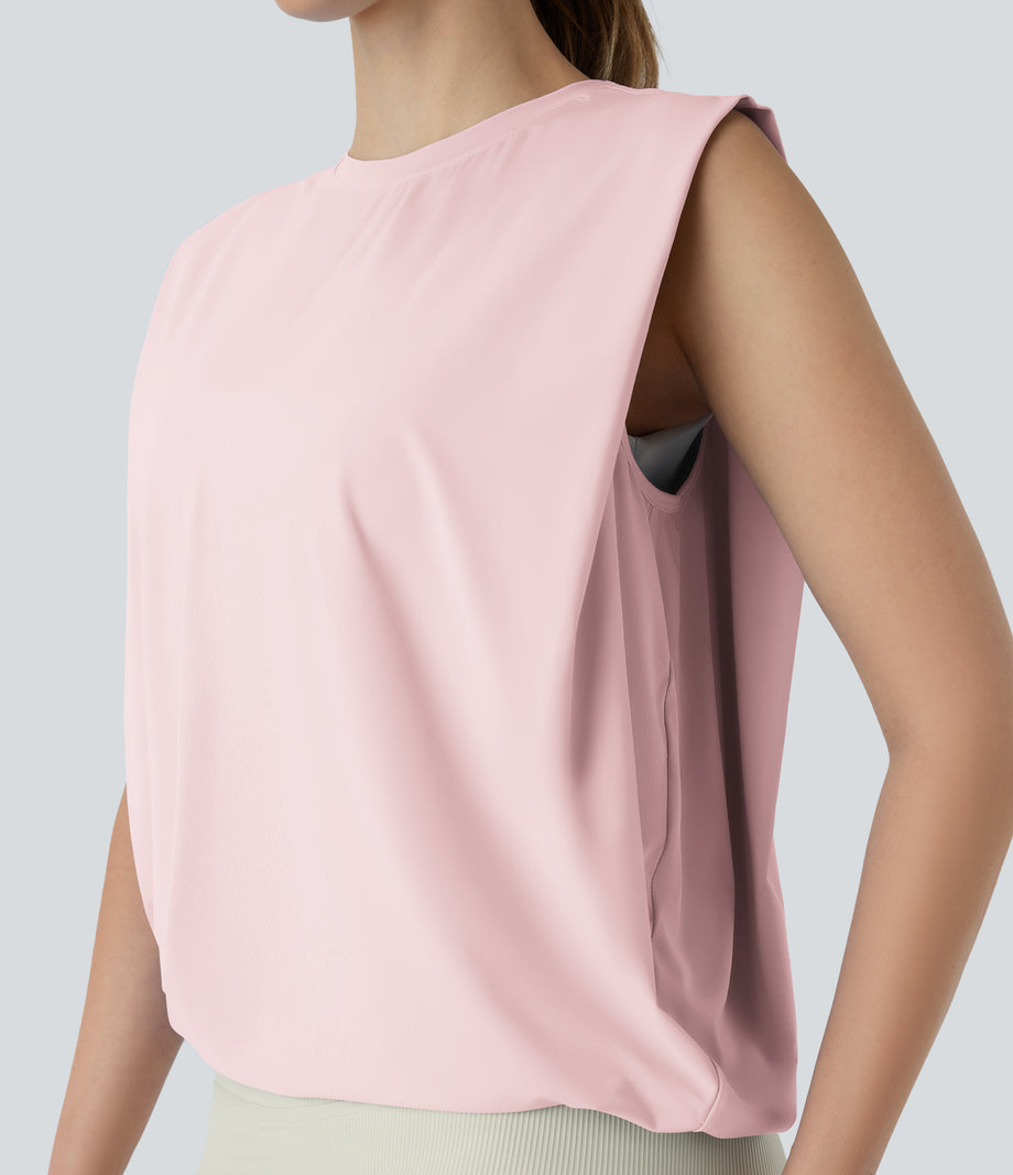 Round Neck Ruched Cool Touch Yoga Tank Top-UPF50+ - Primrose Pink