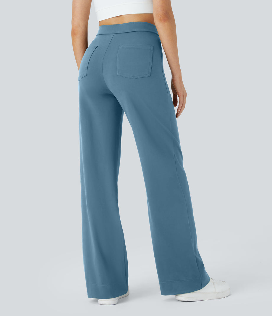 DayStretch High Waisted Pockets Straight Leg Casual Pants - Warm Mid Blue