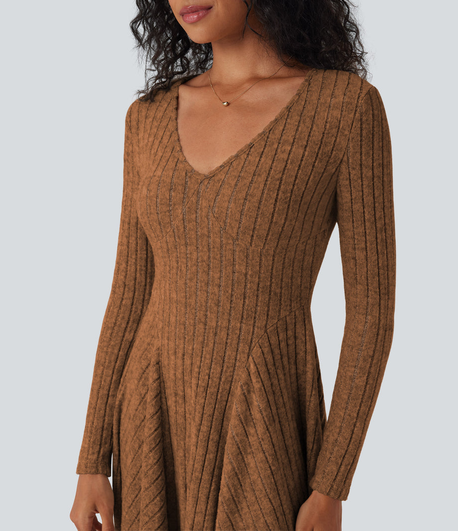 Ribbed Knit V Neck Long Sleeve Flare Mini Casual Dress with Pockets - Orange Floral Velvet