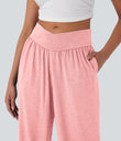 Crossover High Waisted Pocket Drawstring Casual Joggers - Creole Pink Floral Yarn