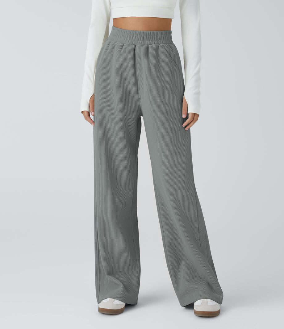 High Waisted Pocket Straight Leg Baggy Mop Corduroy Casual Pants - Monument