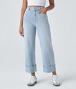 Halara Flex™ High Waisted Pockets Rolled Hem Wide Leg Washed Casual Jeans - Light Azure Denim