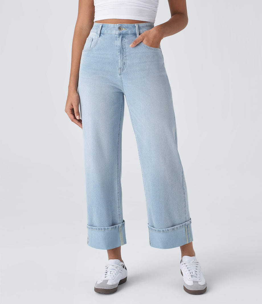 Halara Flex™ High Waisted Pockets Rolled Hem Wide Leg Washed Casual Jeans - Light Azure Denim