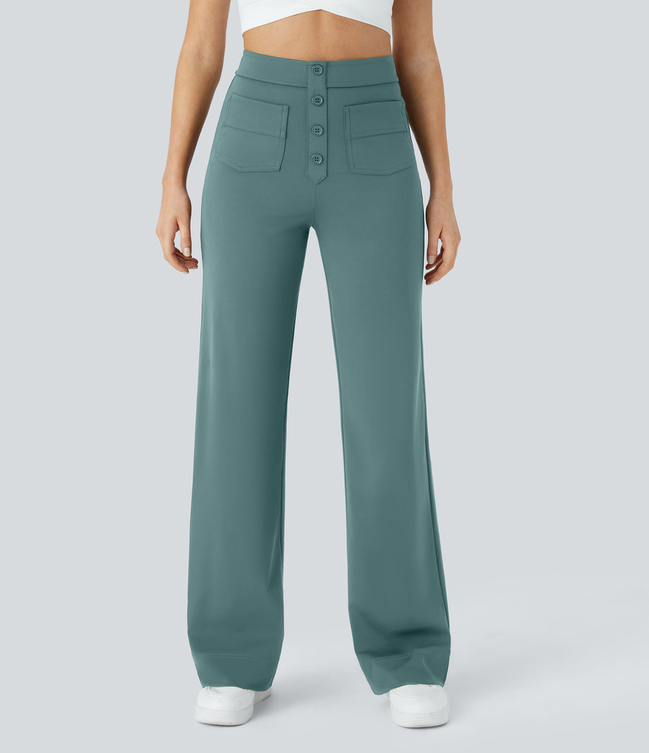 DayStretch High Waisted Pockets Straight Leg Casual Pants - Arctic