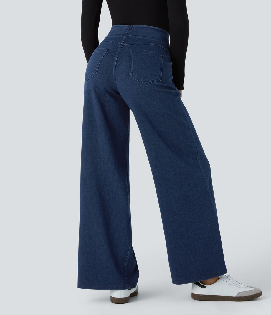 Halara Flex™ High Waisted Pockets Wide Leg Loose Work Jeans - Midnight Blue Denim