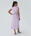 Breezeful™ V Neck Short Sleeve Pocket Tie Back Quick Dry Midi Casual Dress-Longer Length - Leisurely Lavender