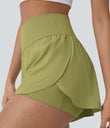 SoftlyZero™ QuickDry High Waisted Tummy Control Reflective Dots Crossover Hem 2-in-1 Running Shorts 3'' with Pockets - Moss