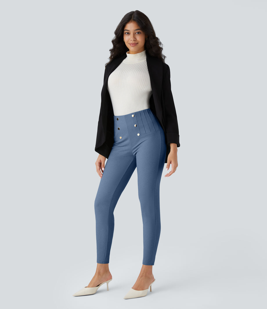 High Waisted Tummy Control Decorative Back Zipper Pockets Herringbone Work Leggings - Blue Horizon