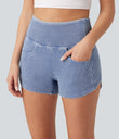 Halara Flex™ High Waisted Tummy Control Curved Hem Skinny Denim Casual Shorts with Pockets - Powder Blue Denim