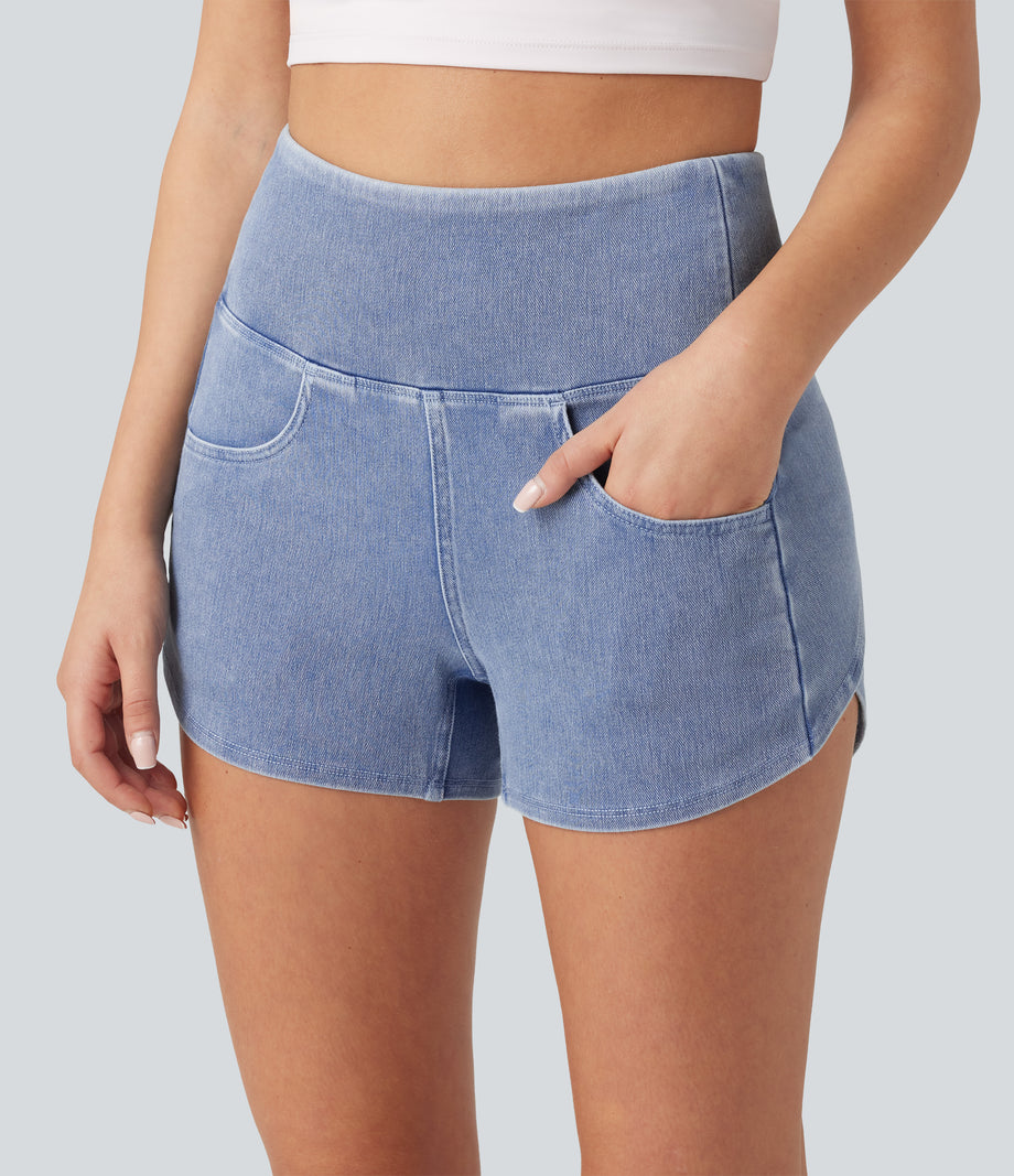 Halara Flex™ High Waisted Tummy Control Curved Hem Skinny Denim Casual Shorts with Pockets - Powder Blue Denim