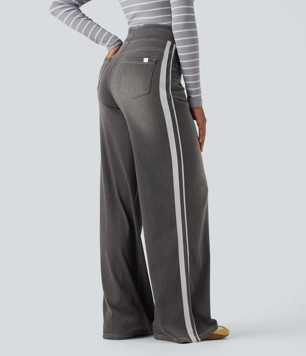 Halara Flex™ High Waisted Stripe Wide Leg Flowy Washed Casual Jeans with Pockets - Iron Gate Denim