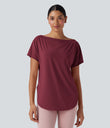 One Shoulder Short Sleeve Curved Hem High Low Quick Dry Yoga Sports Top - Tibetan Red