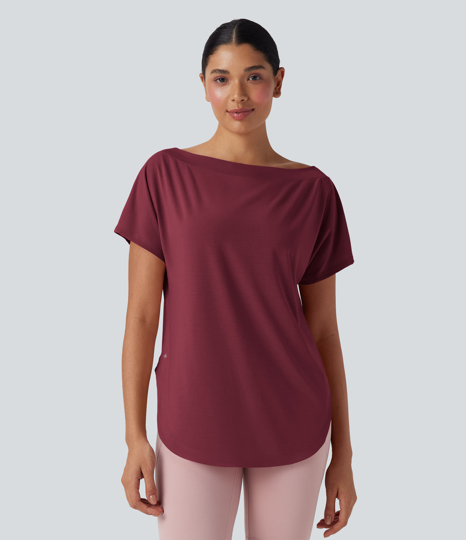One Shoulder Short Sleeve Curved Hem High Low Quick Dry Yoga Sports Top - Tibetan Red