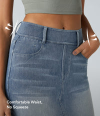 Halara Flex™ High Waisted Pockets Bodycon Washed Denim Casual Midi Skirt - Blue Gray Denim