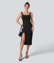 SoftlyZero™ Airy Square Neck Backless Corset Ruched Split Bodycon Midi Cool Touch Bridesmaid and Wedding Guest Dress - Black
