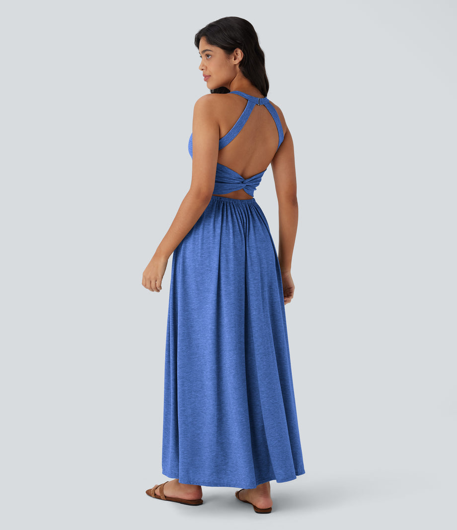 Twisted Backless Split Flowy Maxi Resort Dress with Pockets - Sky Blue Floral Yarn