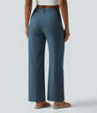 High Waisted Straight Leg Casual Linen-Feel Pants with Pockets - Morning Mist Blue 