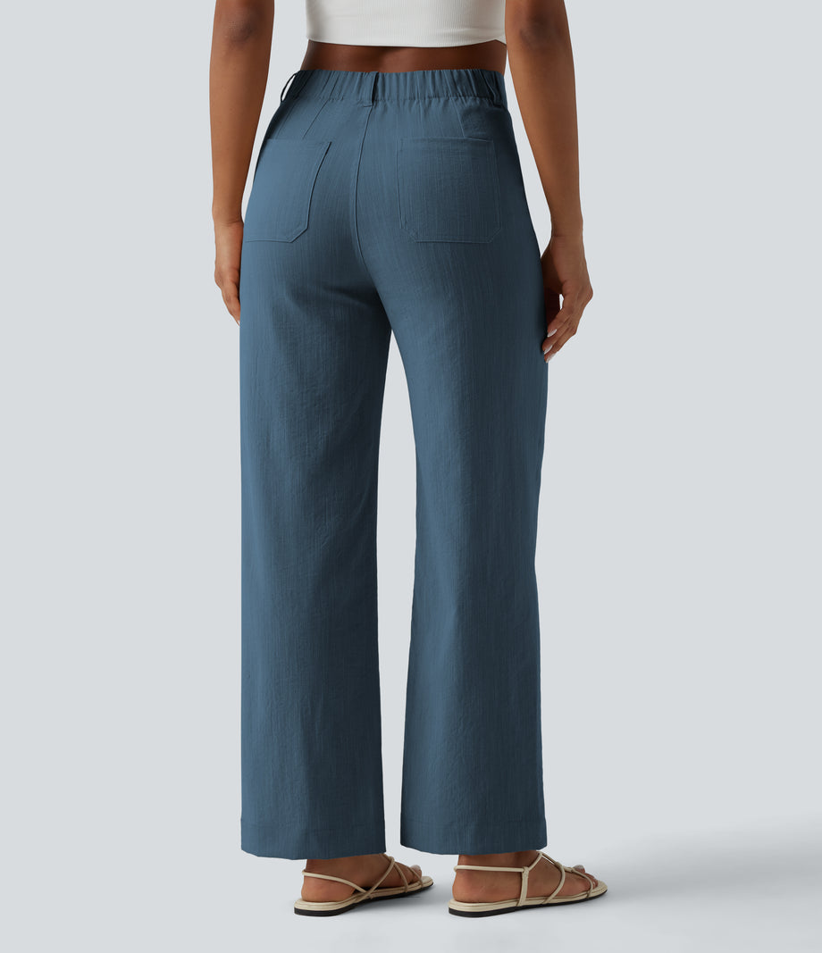 High Waisted Straight Leg Casual Linen-Feel Pants with Pockets - Morning Mist Blue 