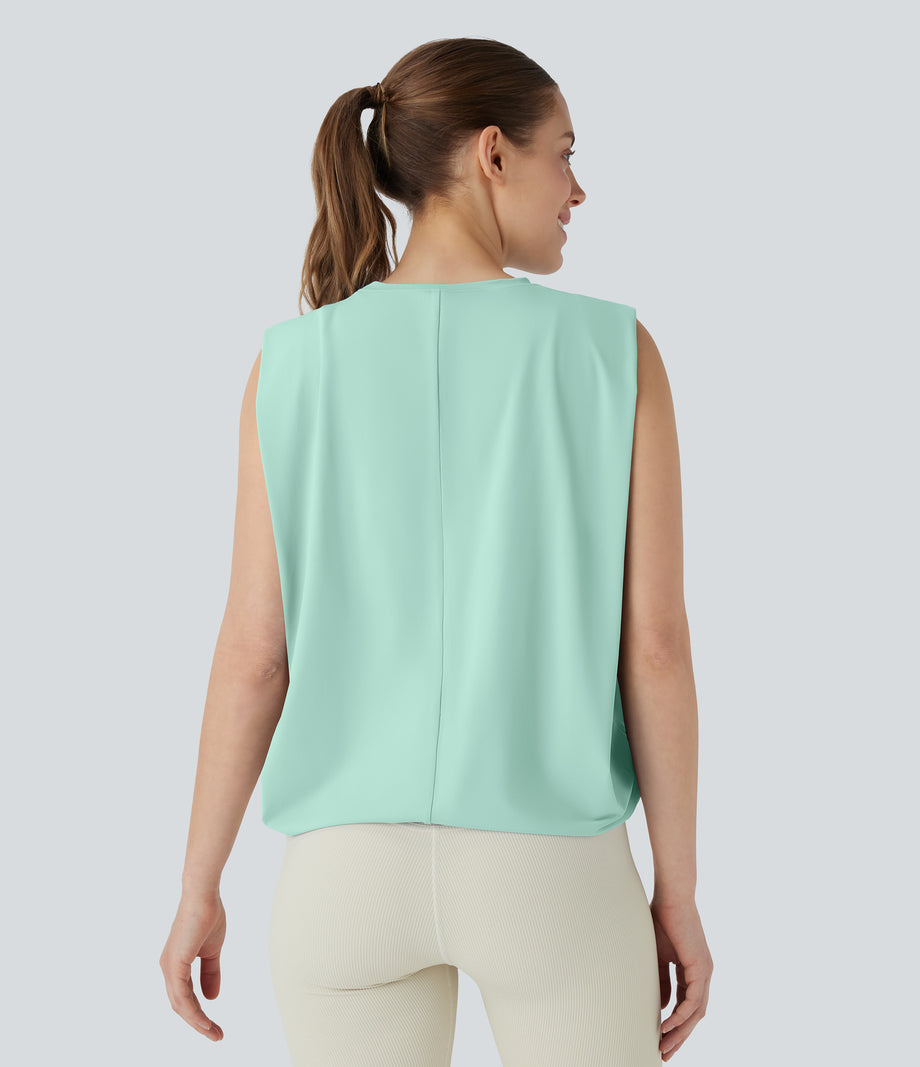 Round Neck Ruched Cool Touch Yoga Tank Top-UPF50+ - Honeydew