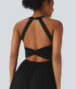 Twisted Backless Split Flowy Maxi Resort Dress with Pockets - Black