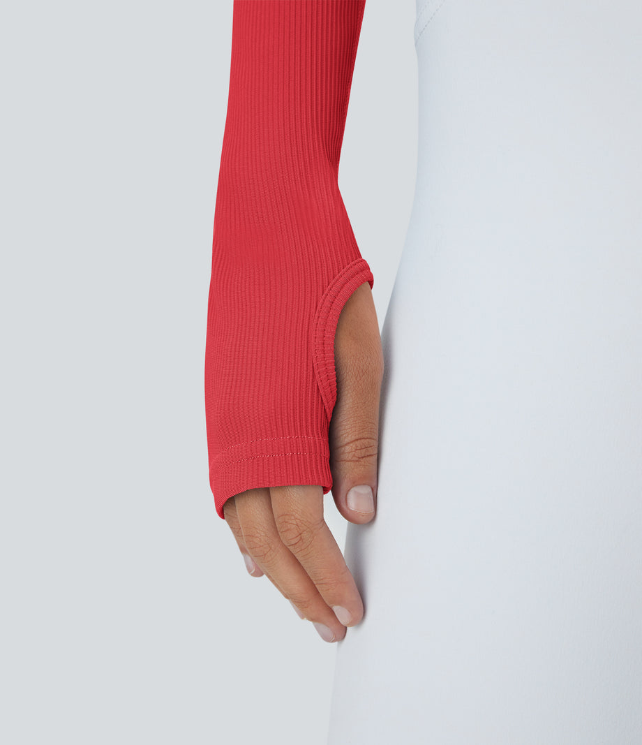 Ribbed Halter Strap Thumb Hole Cropped Yoga Sports Top - Tomato