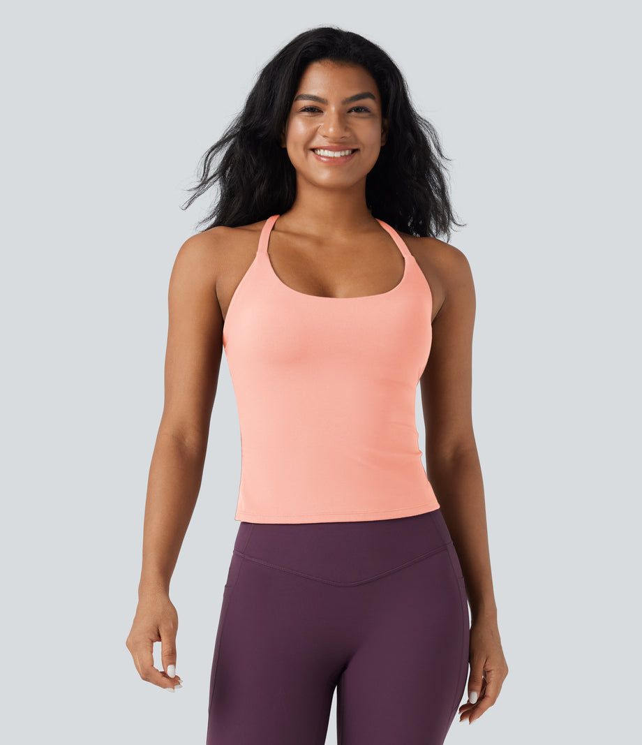Scoop Neck Crisscross Back Crossover Hem Yoga Cami Top - Blush Pink